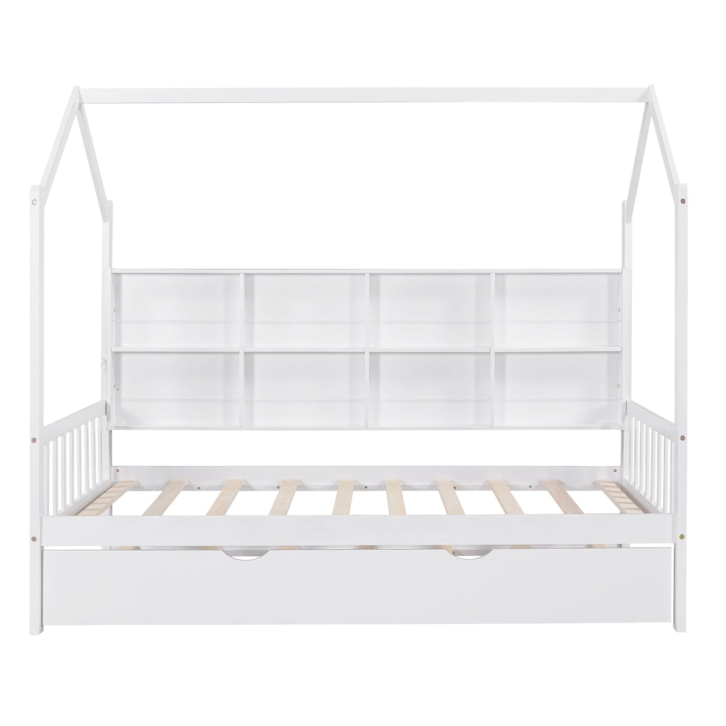 Wooden Twin Size House Bed with Trundle,Kids Bed with Shelf, White (Old SKU: WF297071AAK)