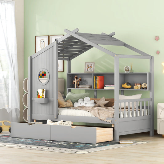 Wooden Twin Size House Bed with 2 Drawers,Kids Bed with Storage Shelf, Gray(Old SKU: HL000051AAE)