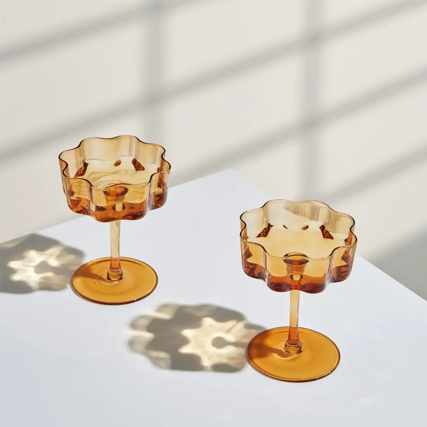 Flower Wave Coupe Cocktail Colored Glasses | Set of 2 | Amber