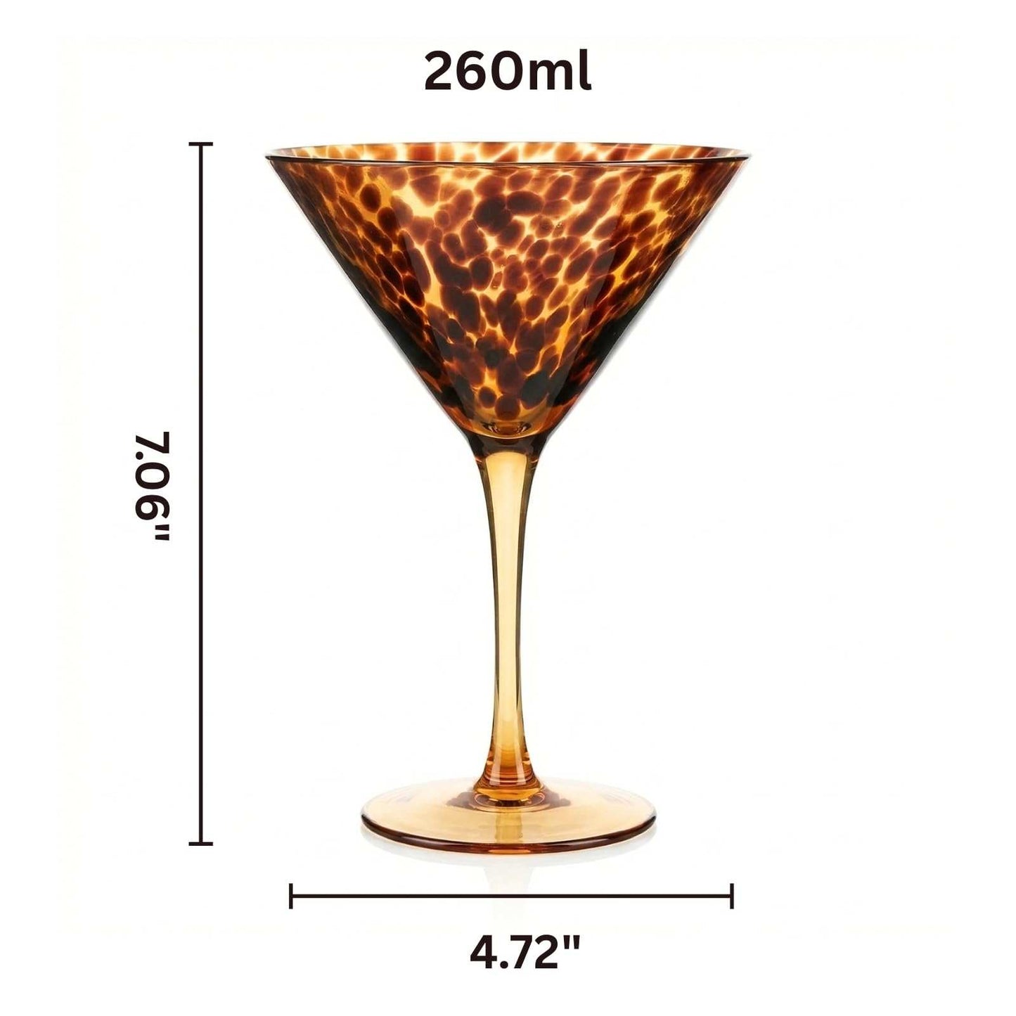 Tortoise Leopard Print Martini 9oz - Set of 4, 7.1" Spotted Borosilicate Cocktail Stem