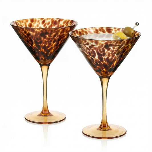 Tortoise Leopard Print Martini 9oz - Set of 2, 7.1" Spotted Borosilicate Cocktail