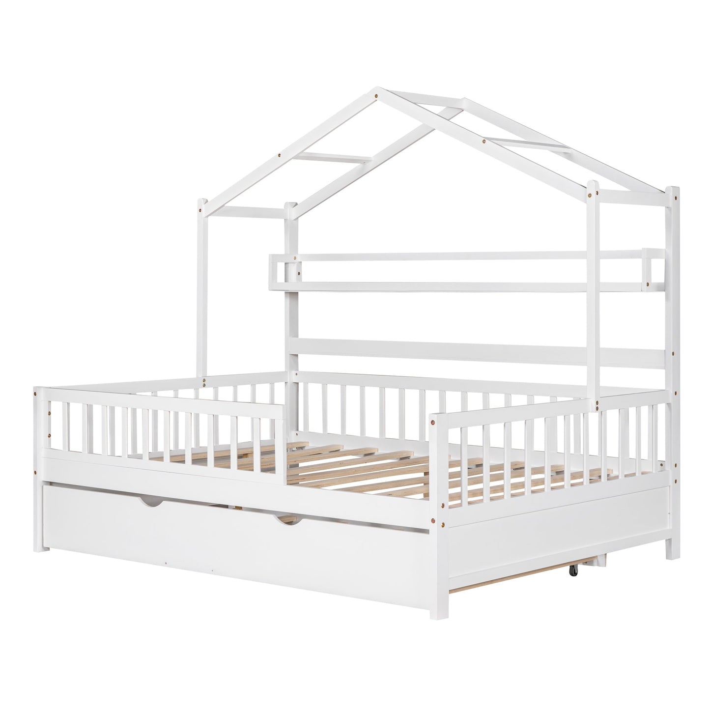 Wooden Full Size House Bed with Twin Size Trundle,Kids Bed with Shelf, White(Old SKU:WF301683AAK)