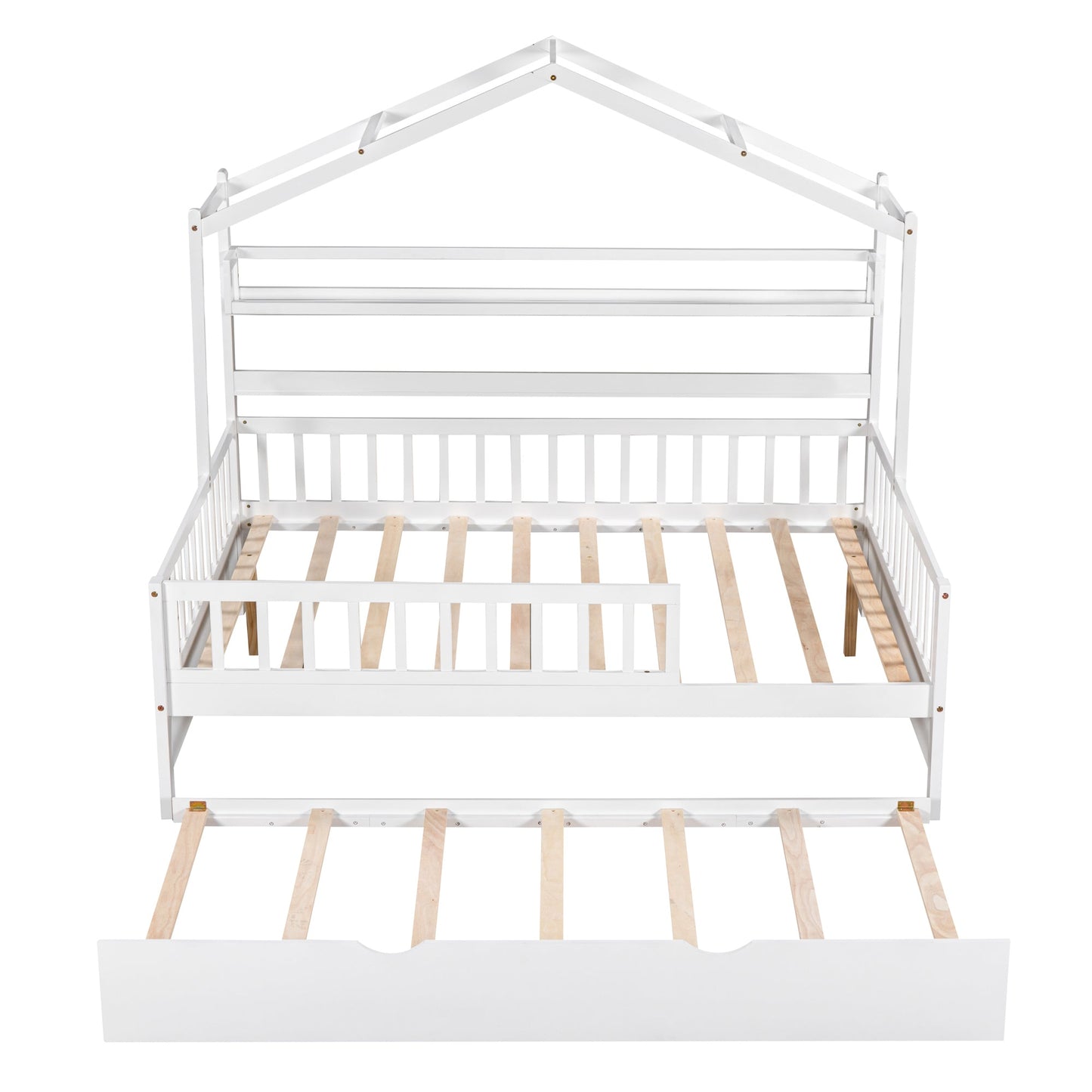 Wooden Full Size House Bed with Twin Size Trundle,Kids Bed with Shelf, White(Old SKU:WF301683AAK)