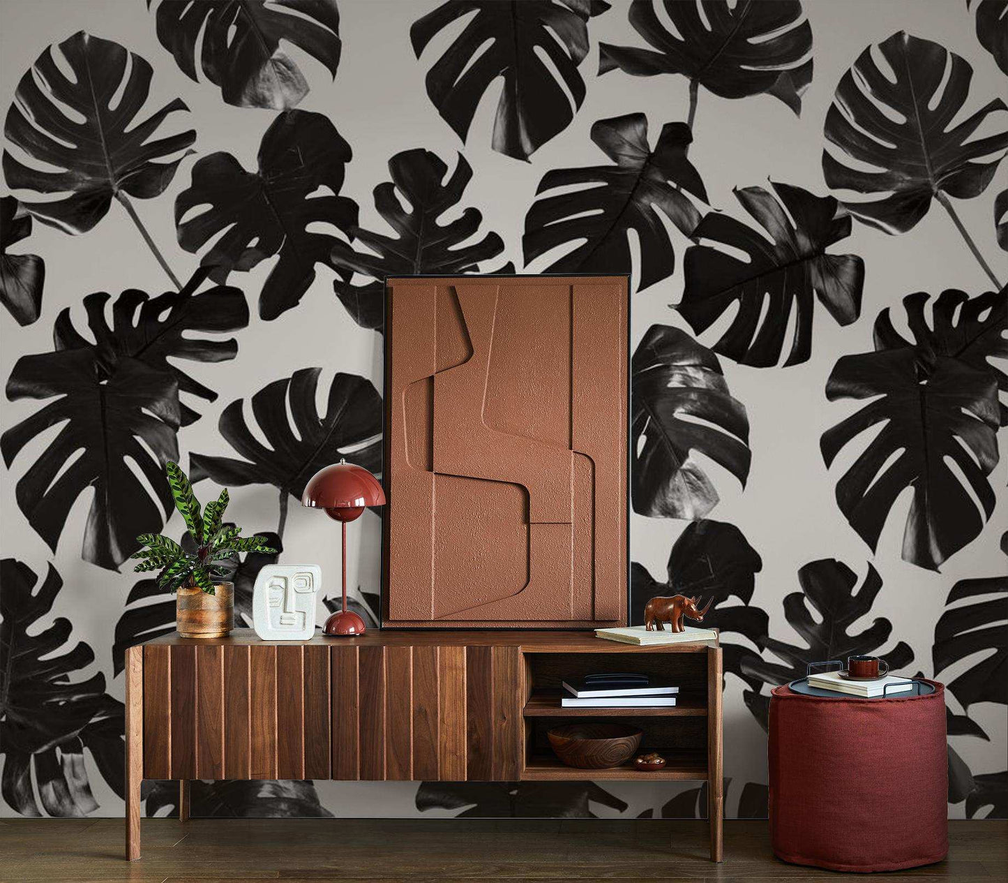 Monstera Leaf Wallpaper, black and off-white