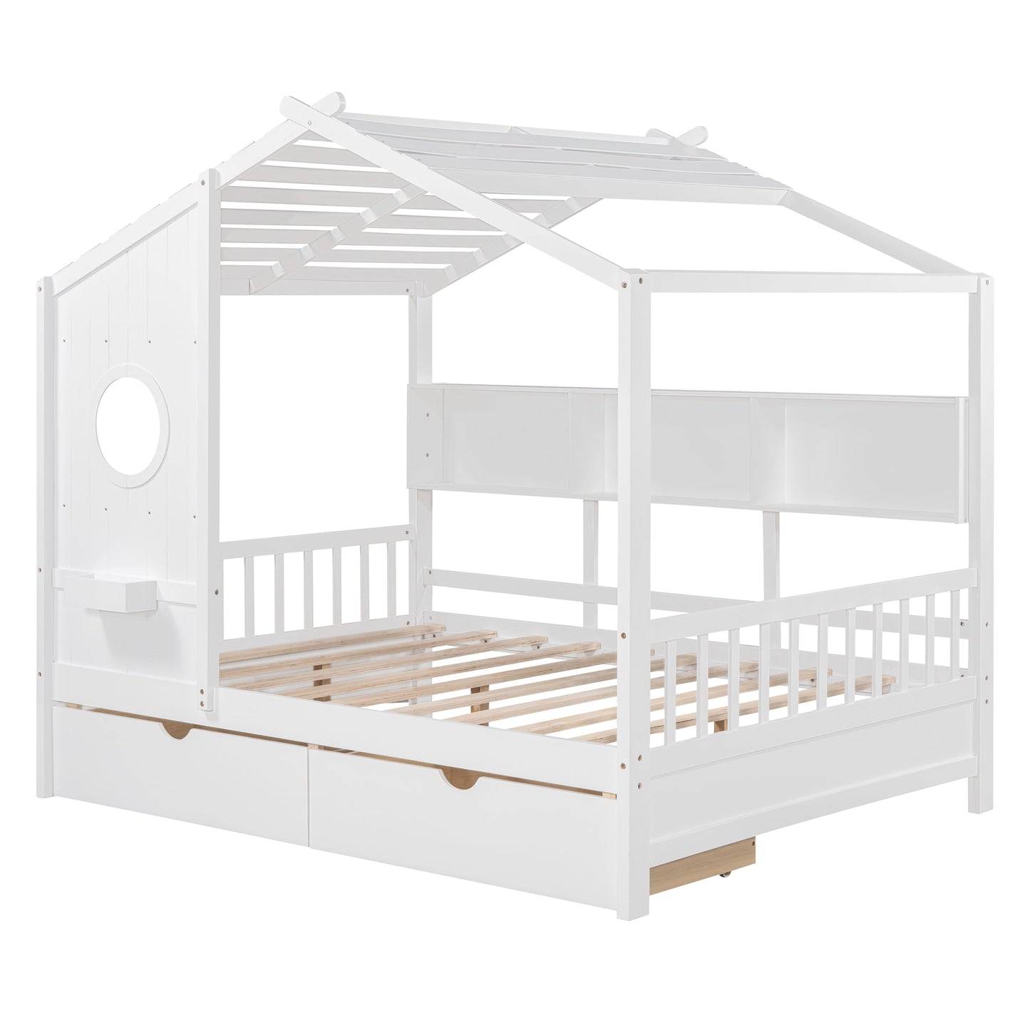 Wooden Full Size House Bed with 2 Drawers,Kids Bed with Storage Shelf, White(Old SKU: HL000052AAK)