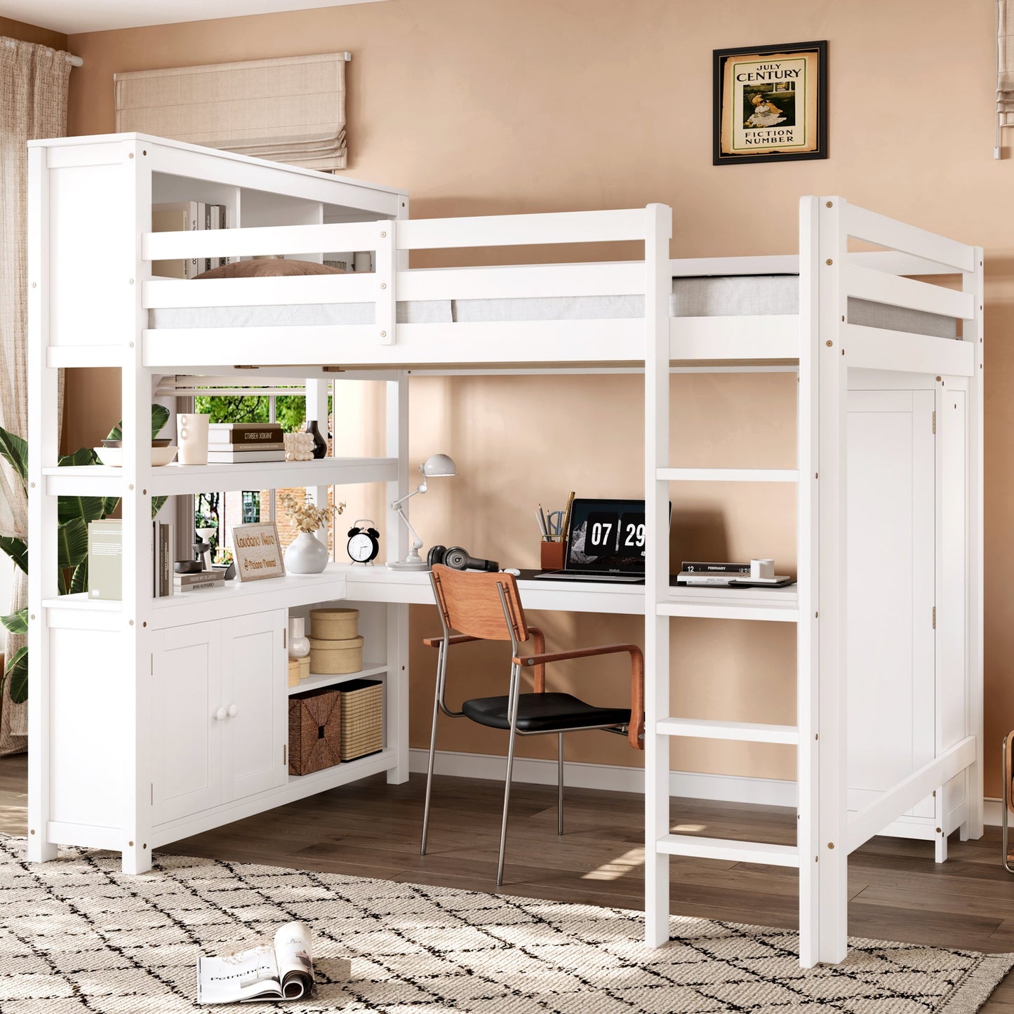 Wood Loft Bed with Cabinet and Bookshelf, Queen Size Loft with Wardrobe and Desk for Kids,White