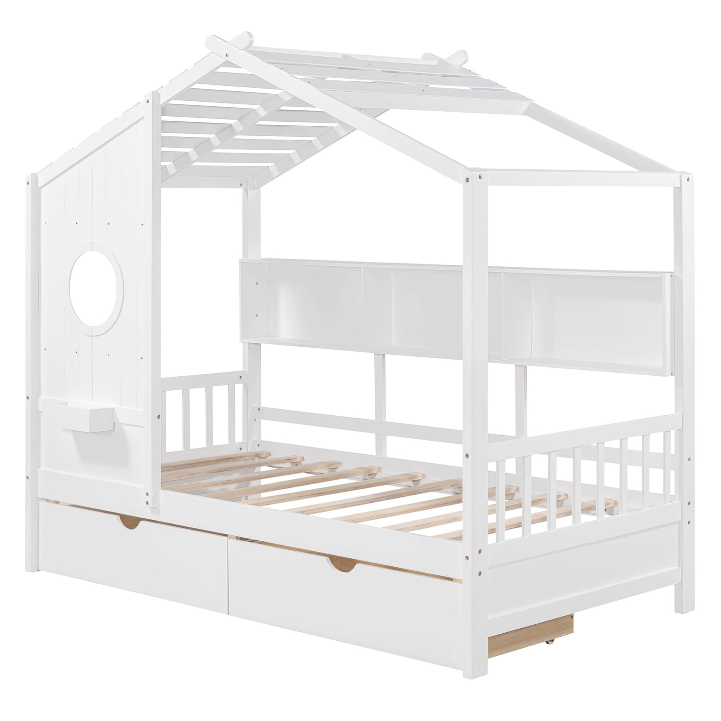 Wooden Twin Size House Bed with 2 Drawers,Kids Bed with Storage Shelf, White(Old SKU: HL000051AAK)