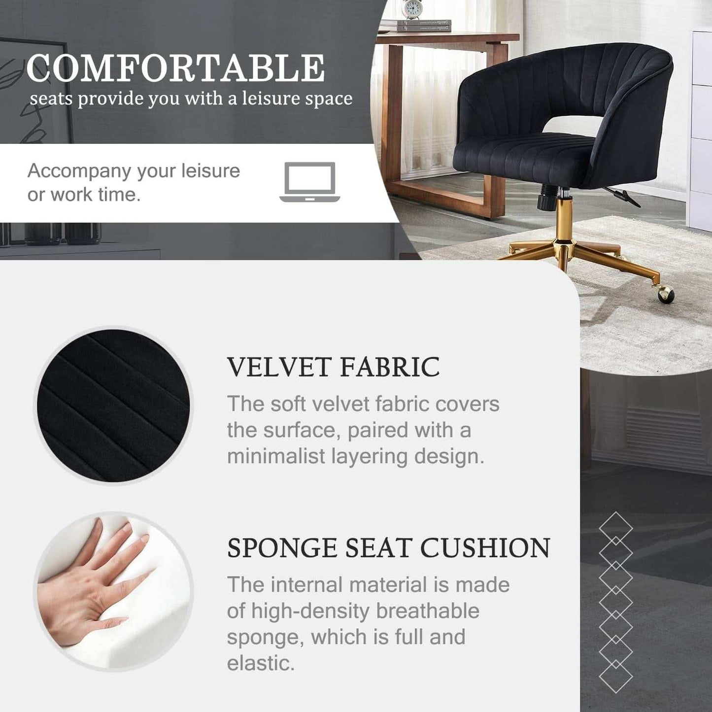 Velvet Home Office Chair 360 Degree Swivel Black Lux Velvet