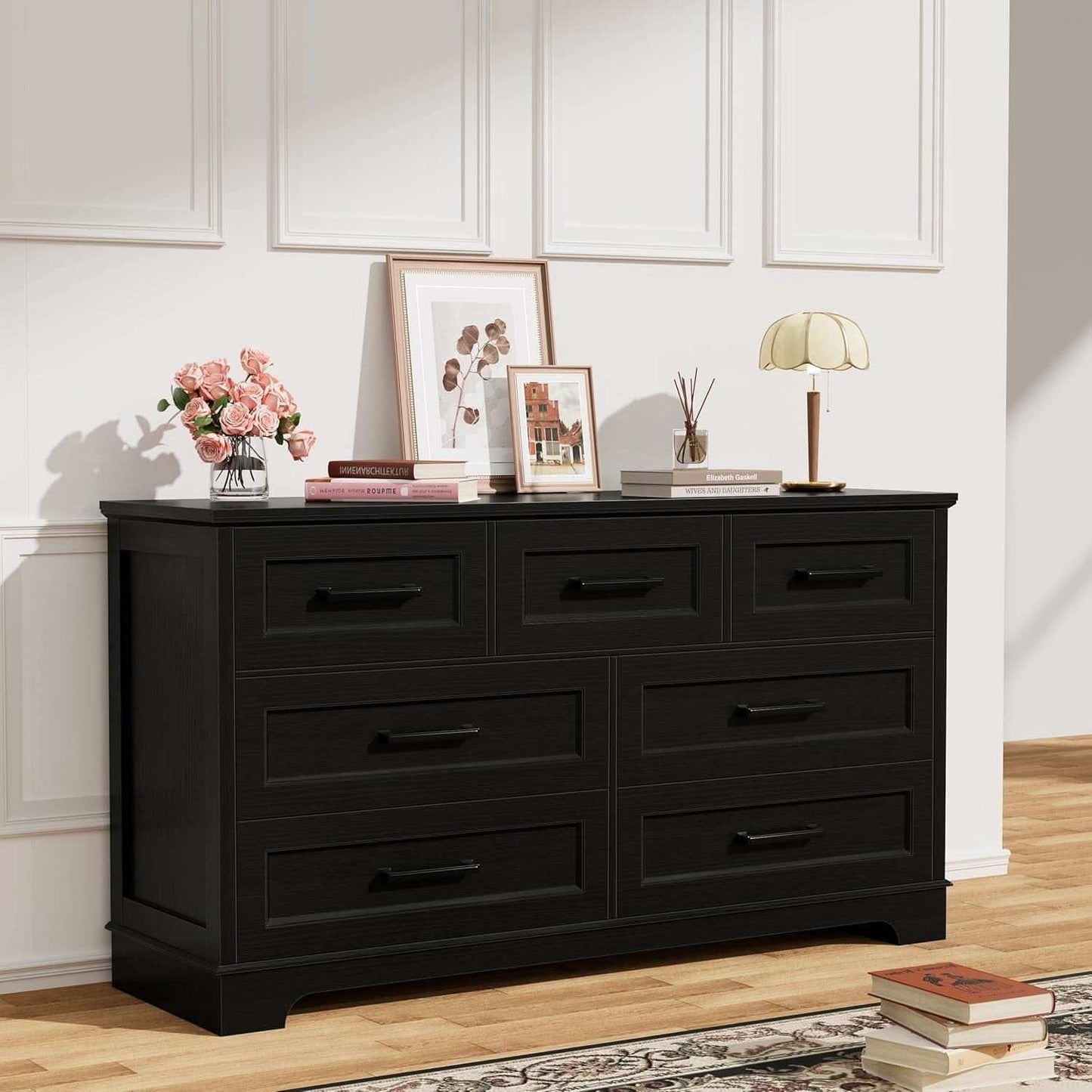 Seven Drawer Dresser For Bedroom Black Finish Storage