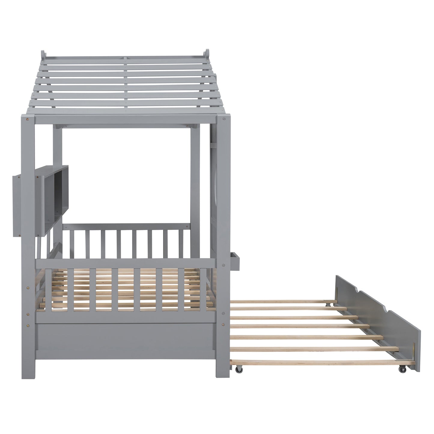 Wooden Twin Size House Bed With Trundle, Modern Design for Kids with Storage Shlef, Gray(old SKU HL000094AAE)