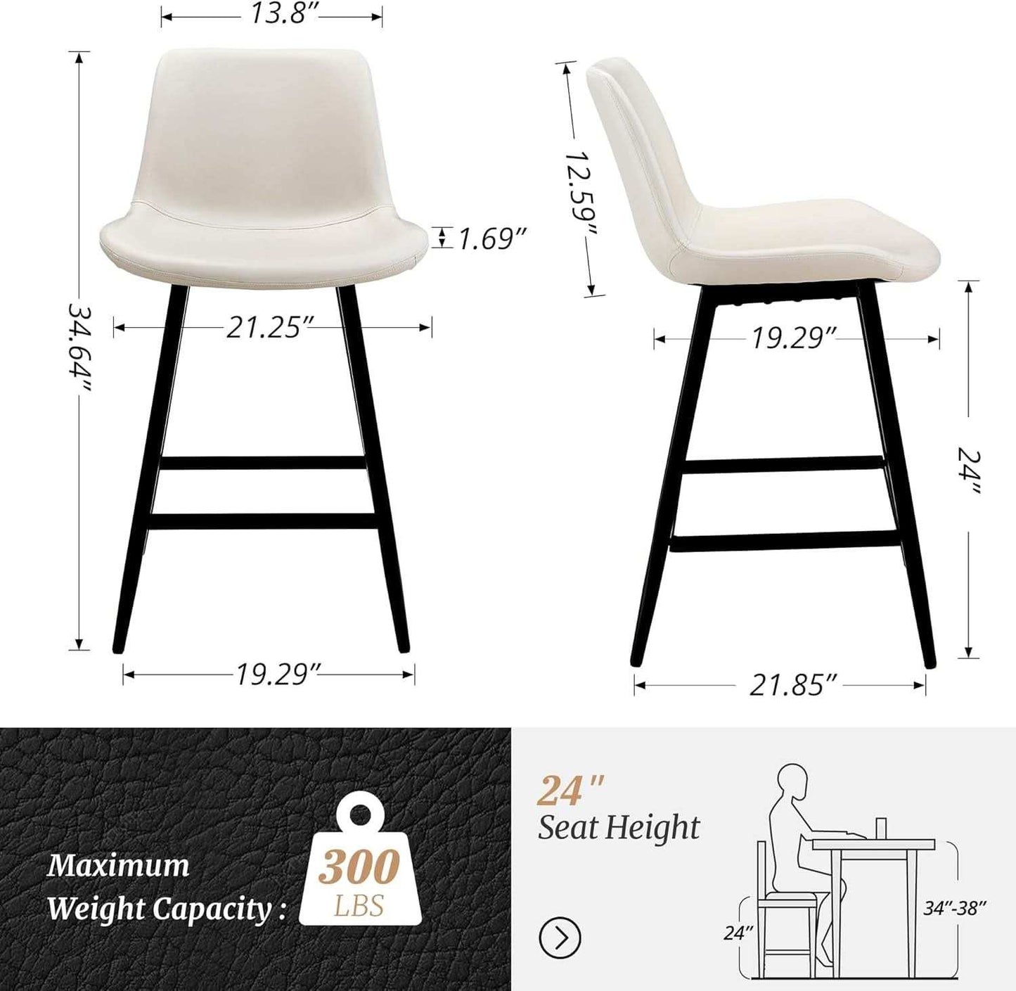 24 Inch Faux Leather Bar Stool Set of 3 With Back and Footrest, Antique White for Kitchen Island