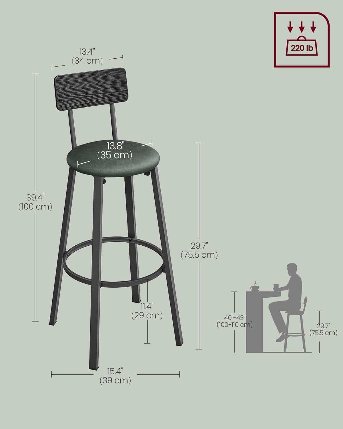 29.7 Inch PU Bar Stools Set Of 2 With Backrest And Footrest