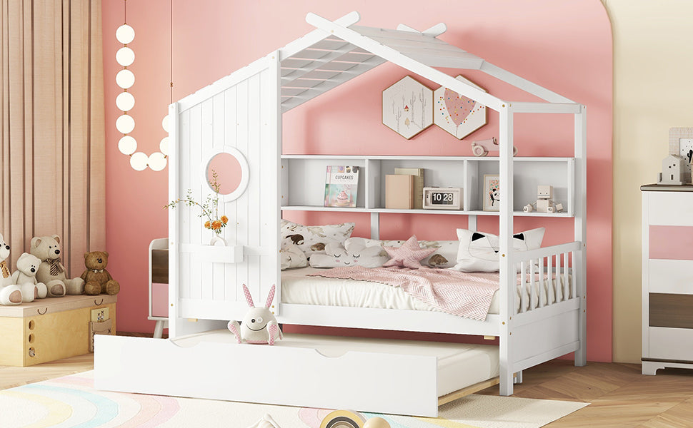 Wooden Twin Size House Bed With Trundle, Modern Design for Kids with Storage Shlef, White(old SKU HL000094AAK)