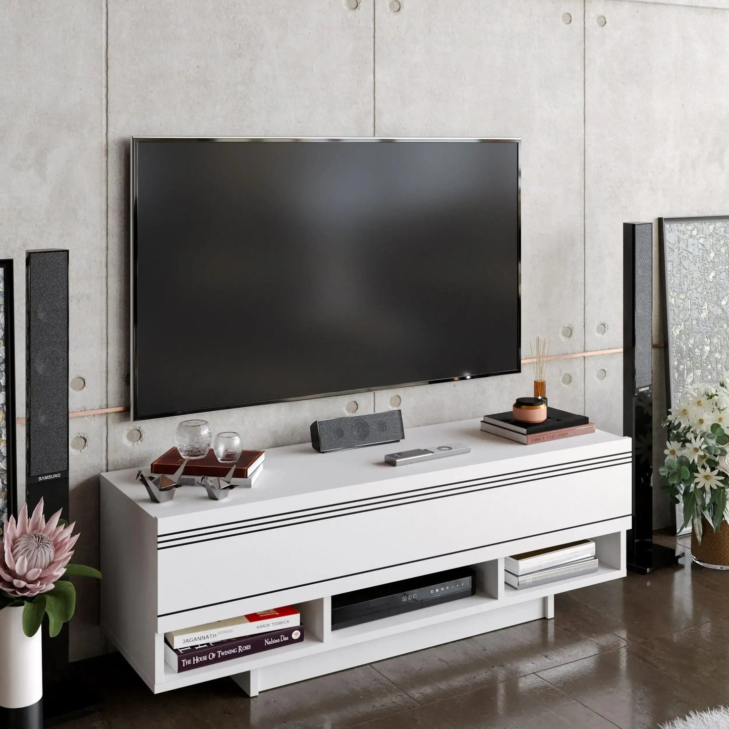 Celestia 47" TV Stand and Media Console with Cabinets and Open Shelves