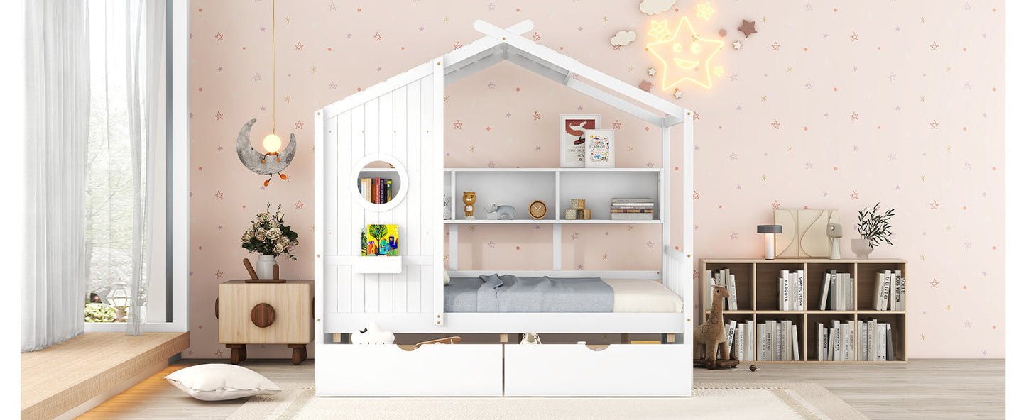 Wooden Full Size House Bed with 2 Drawers,Kids Bed with Storage Shelf, White(Old SKU: HL000052AAK)
