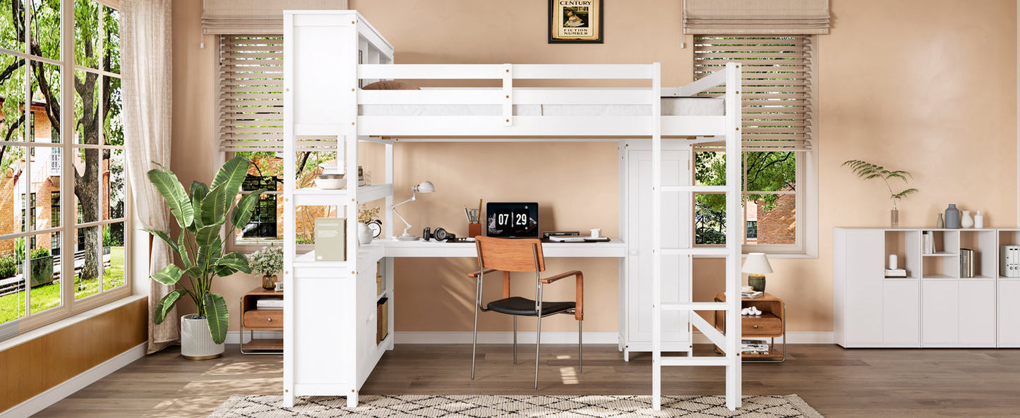 Wood Loft Bed with Cabinet and Bookshelf, Queen Size Loft with Wardrobe and Desk for Kids,White