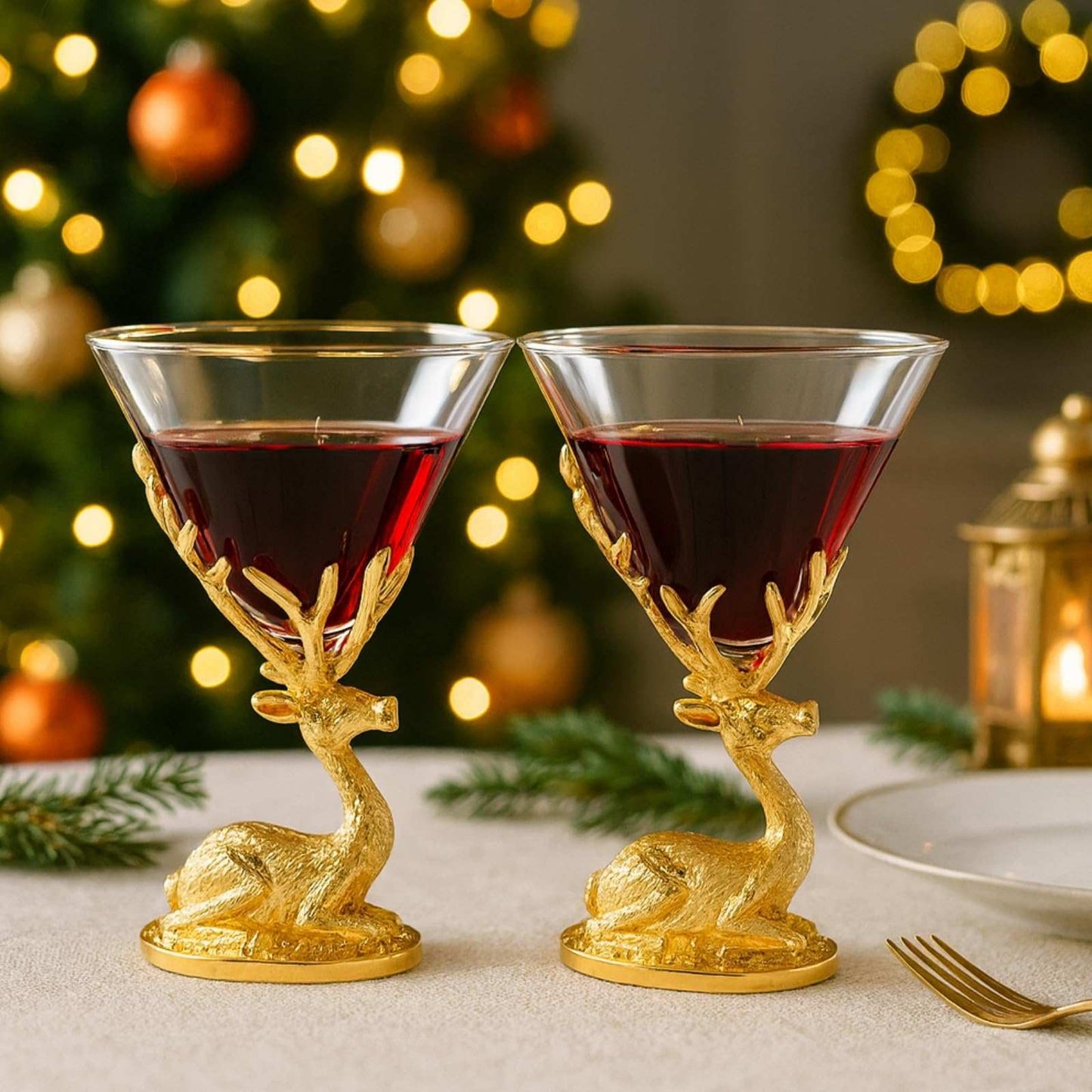 Stag Antler Cocktail Glasses Set of 2 Gold Deer Design Elegant Animal Inspired Barware
