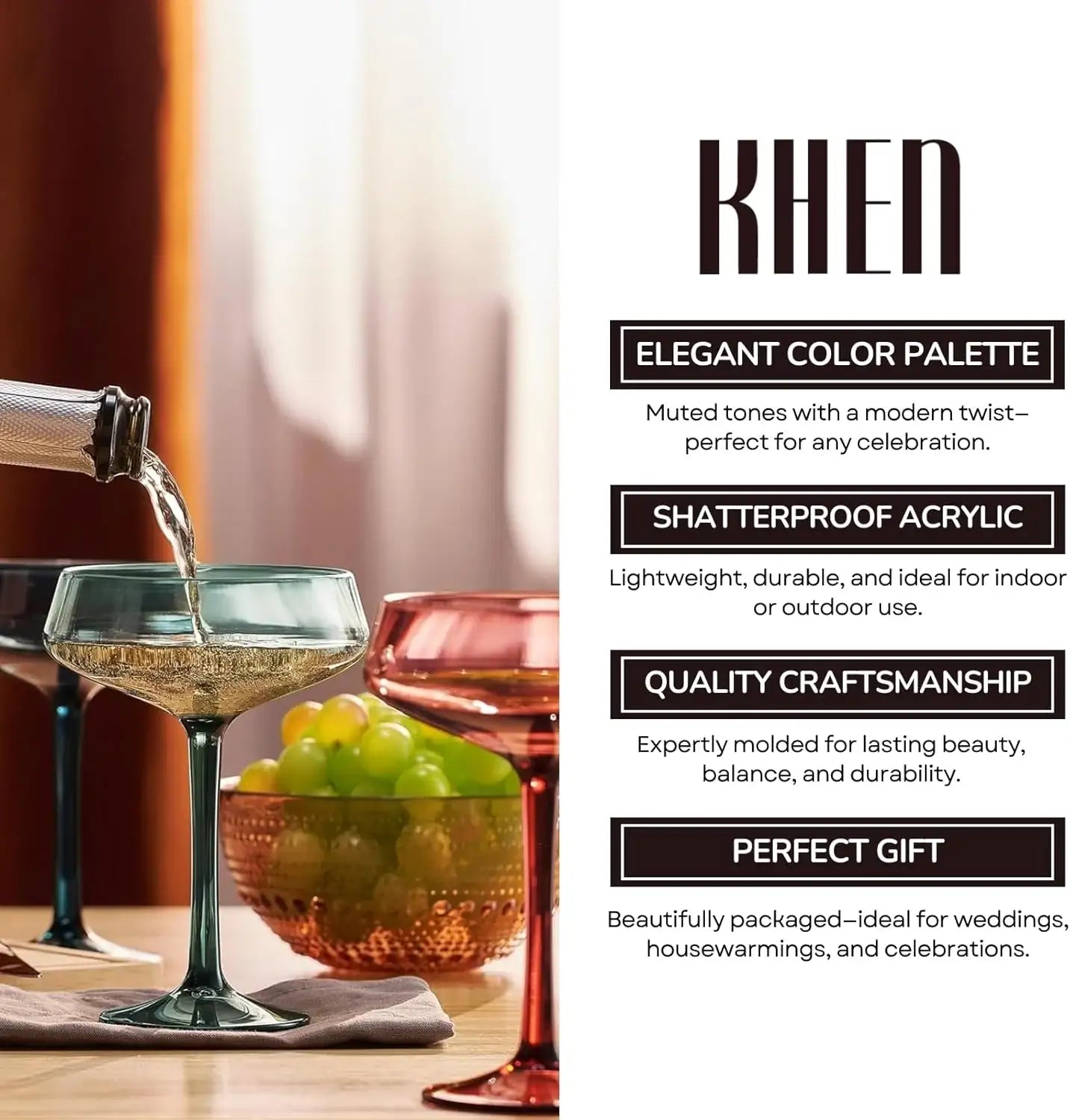 Khen Colored Acrylic Coupe Glasses – Set of 4 Stemmed 8 oz