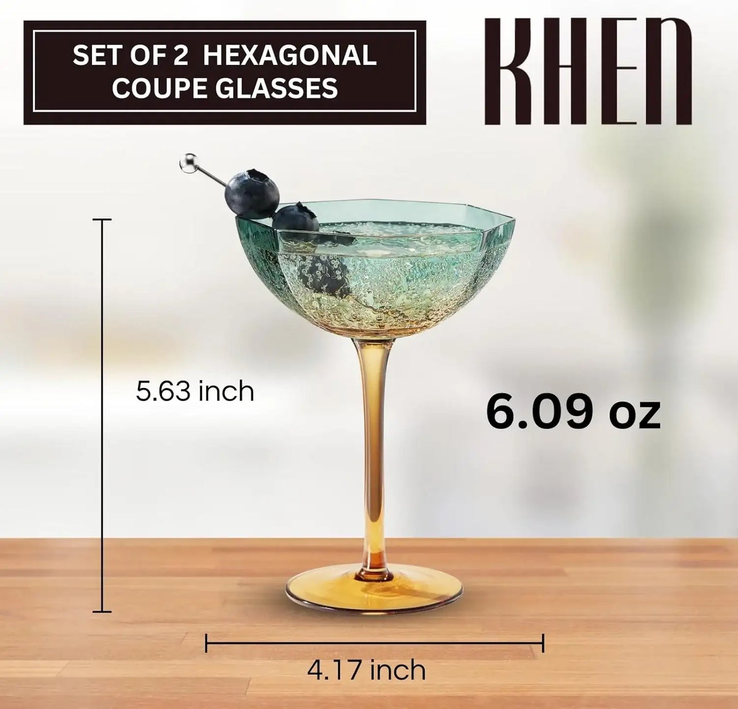 Khen Hexagonal Coupe Glasses Elegant Break Resistant  - Set of 2 Teal + Brown