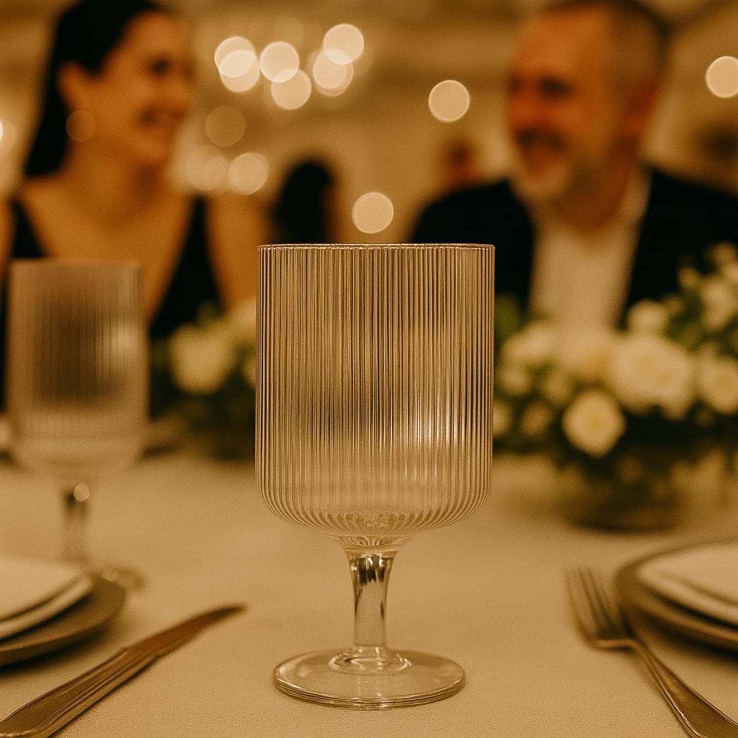 Khen Textured Clear Glass Ribbed Modern Elegant Wine Goblets | Set of 2
