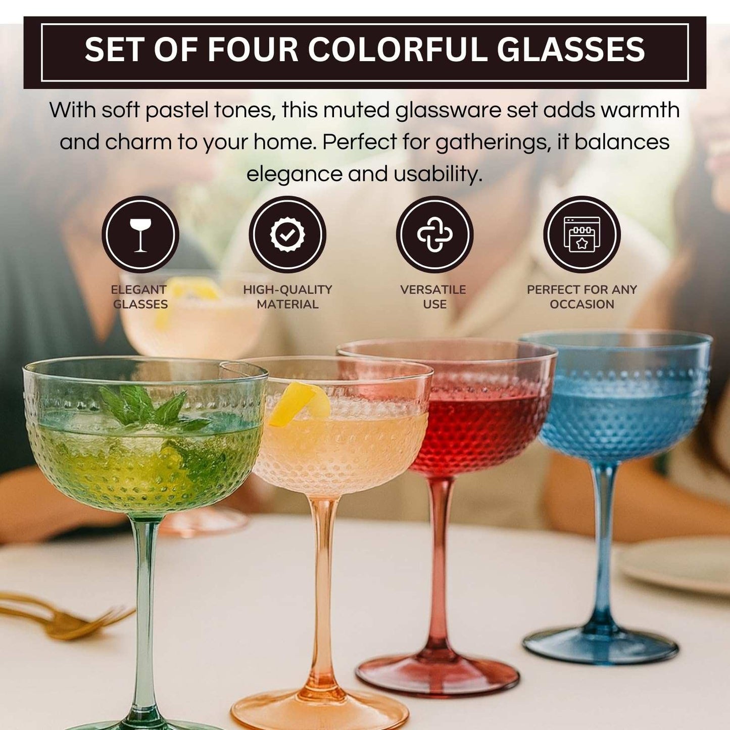 Hobnail Coupes, Cocktail Glass | Set of 4 | Muted Colors
