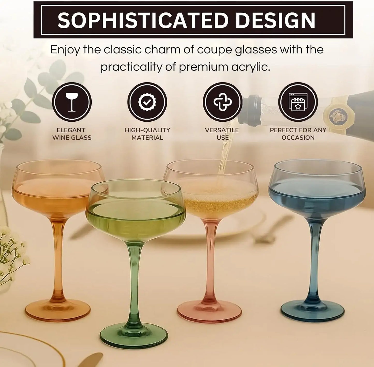 Khen Colored Acrylic Coupe Glasses – Set of 4 Stemmed 8 oz