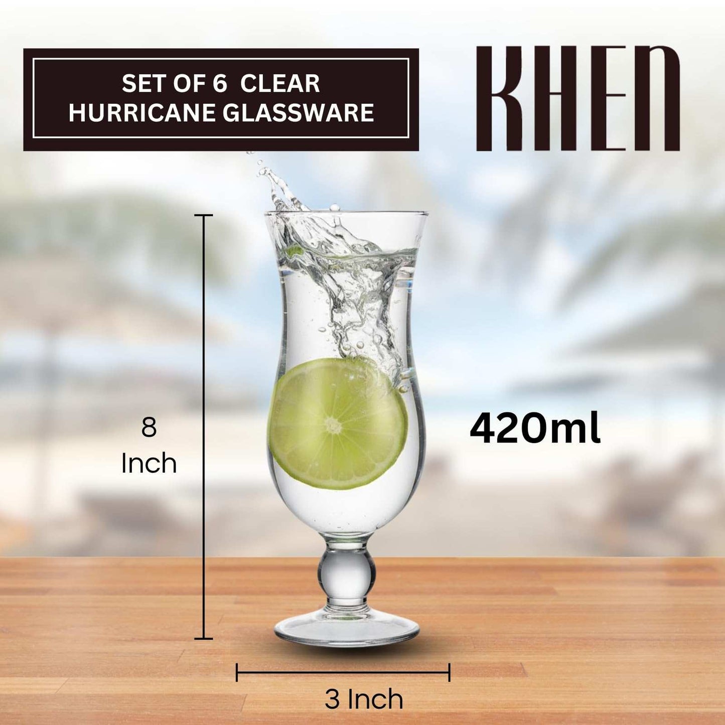 Hurricane Glassware Set of 6, Clear Glass Drinkware