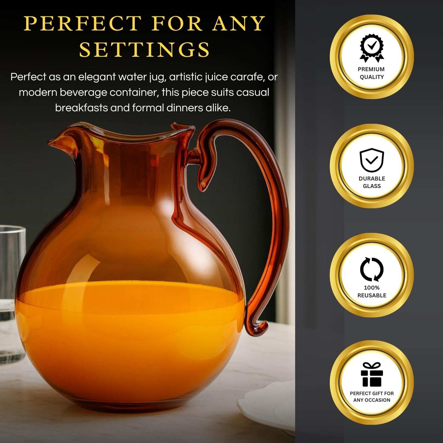 talian Design Amber Glass Jug Mouth-Blown Venetian Pitcher 750ml Handmade Murano