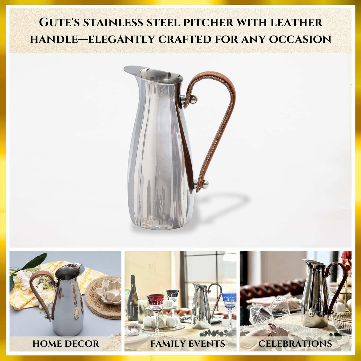 Silver Stainless Steel Water Pitcher, Leather Handle