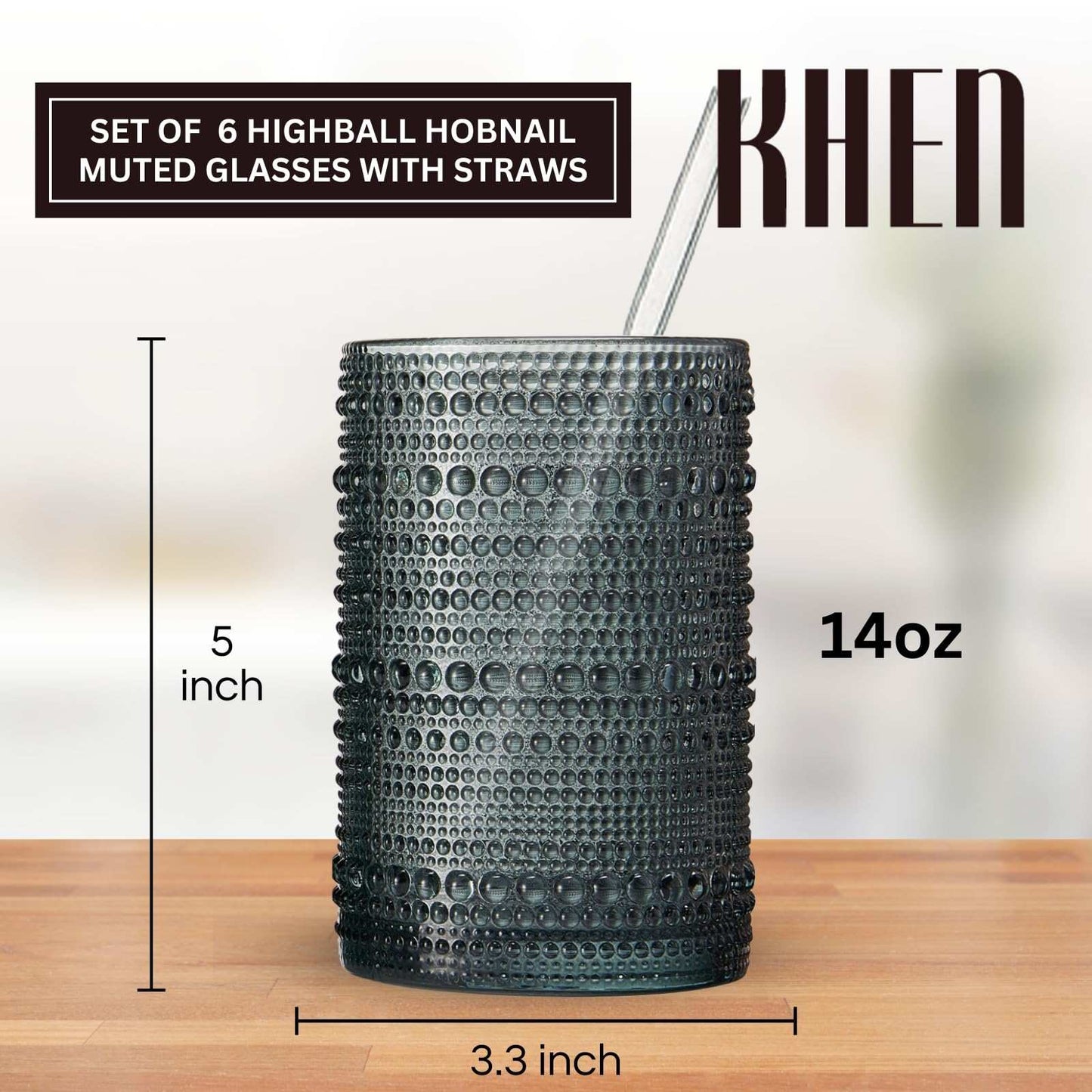 Khen Hobnail Drinking Glasses with Straws | Muted Colors | Set of 6