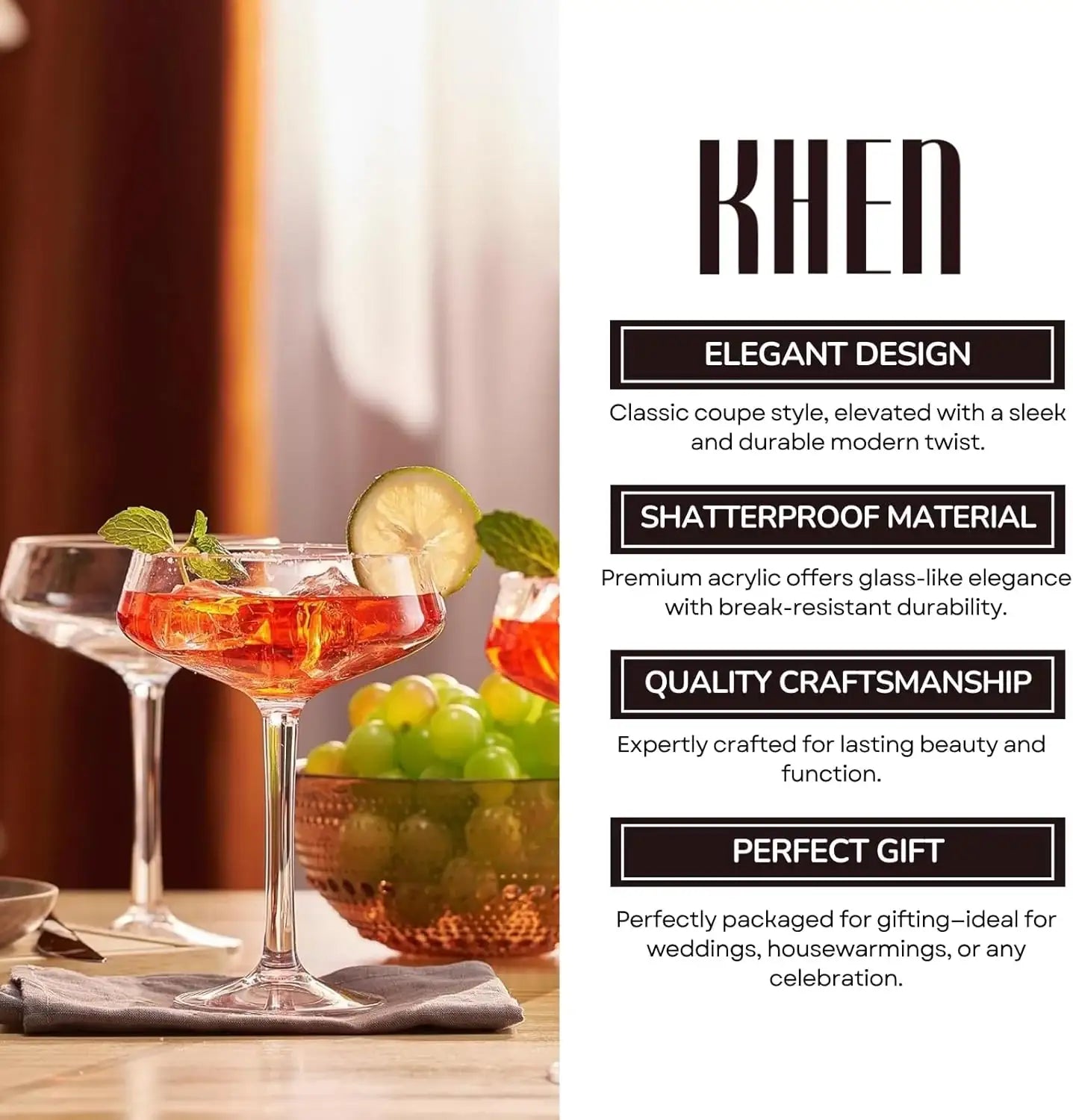 Khen Acrylic Coupe Glasses – Set of 4 Stemmed 8 oz Clear Cocktail Glasses
