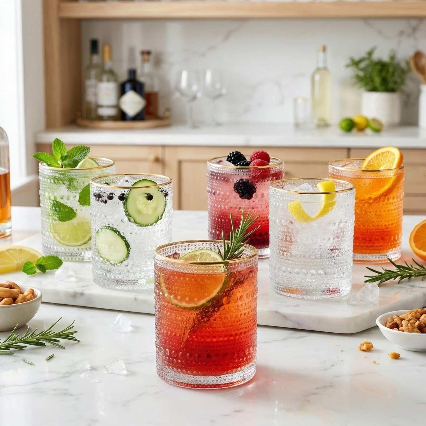 Clear Gold Rim Hobnail Glass Set, 6 Piece 10oz Transparent