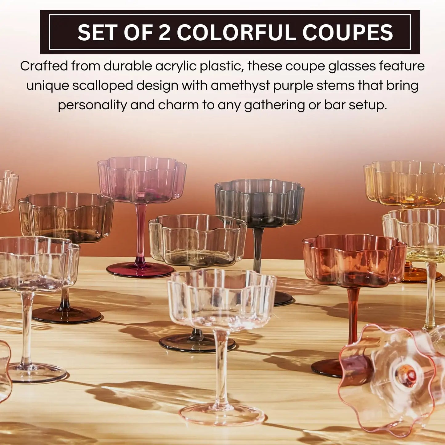 Flower Wave Coupe Cocktail Colored Glasses | Set of 2 | Amethyst Purple