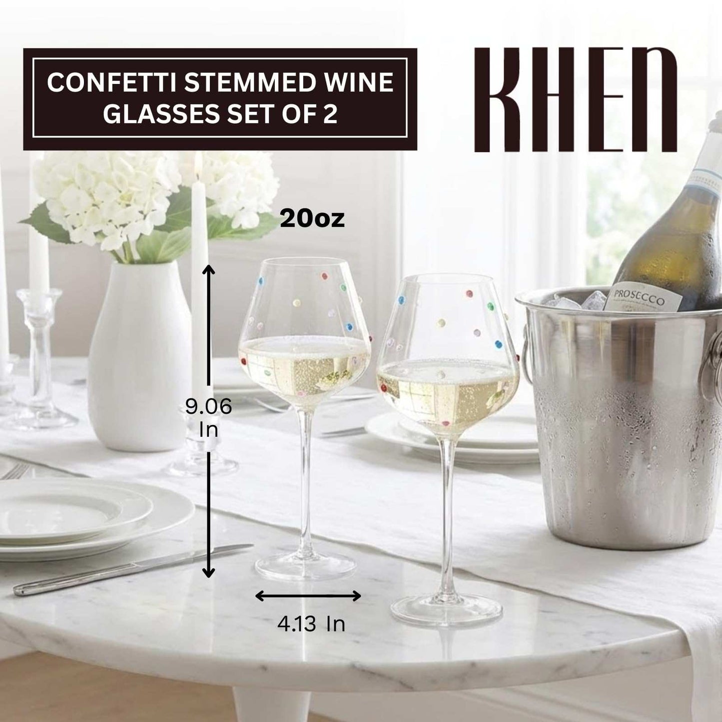 Confetti Stemmed Wine Glasses Set of 2, 20oz Multicolor Clear Glass 20oz