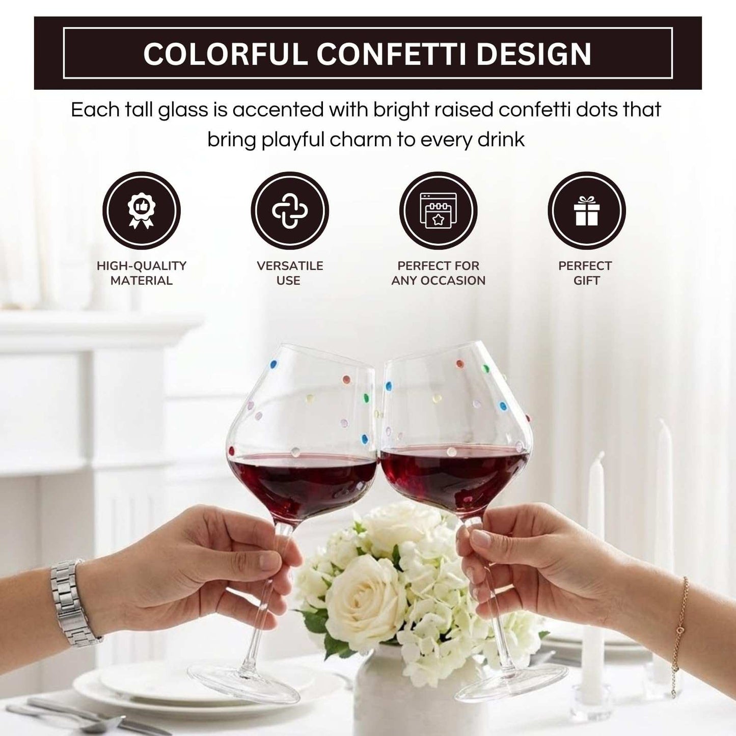 Confetti Stemmed Wine Glasses Set of 2, 20oz Multicolor Clear Glass 20oz