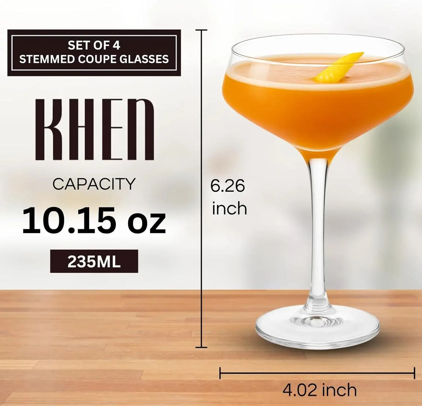 Khen Acrylic Coupe Glasses – Set of 4 Stemmed 8 oz Clear Cocktail Glasses