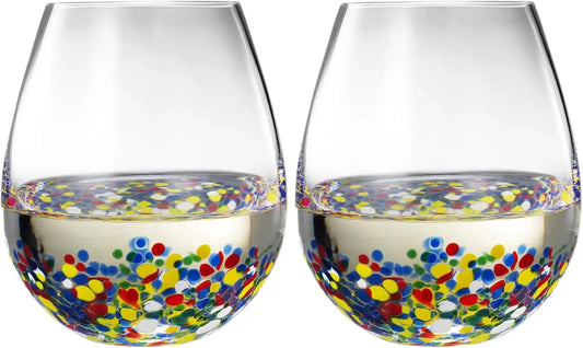 The Wine Savant Mexican Wine Glasses Hand Blown Confetti Rock  - Clear