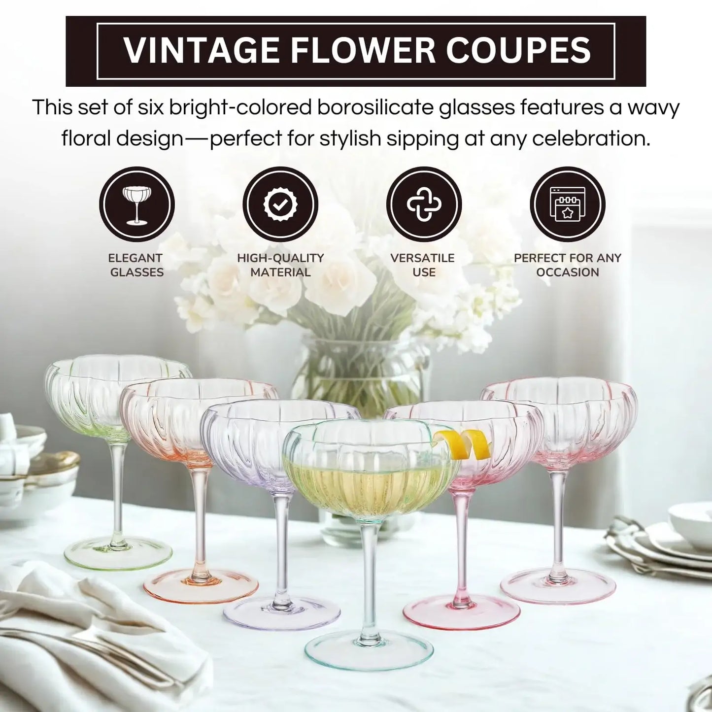 Flower Coupe Cocktail Glasses | Set of 4 | Bright Colors