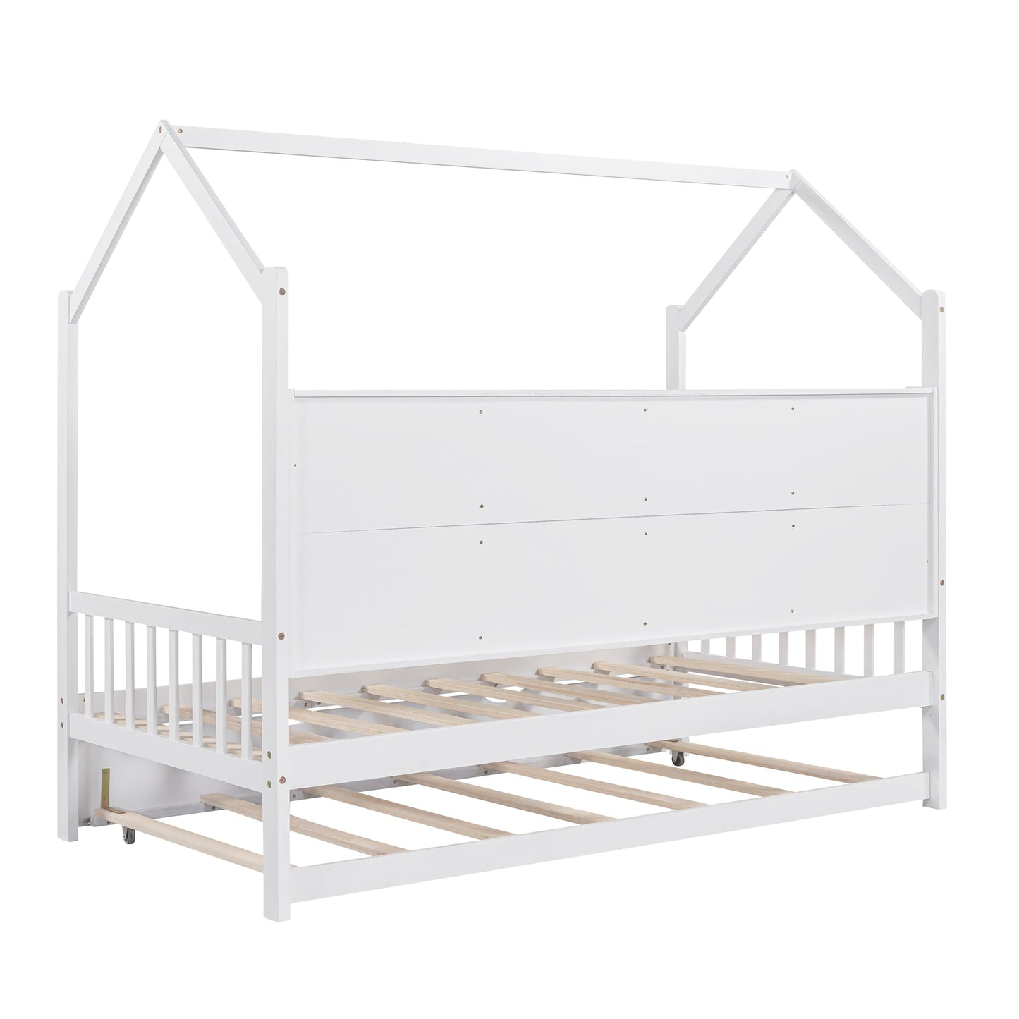 Wooden Twin Size House Bed with Trundle,Kids Bed with Shelf, White (Old SKU: WF297071AAK)