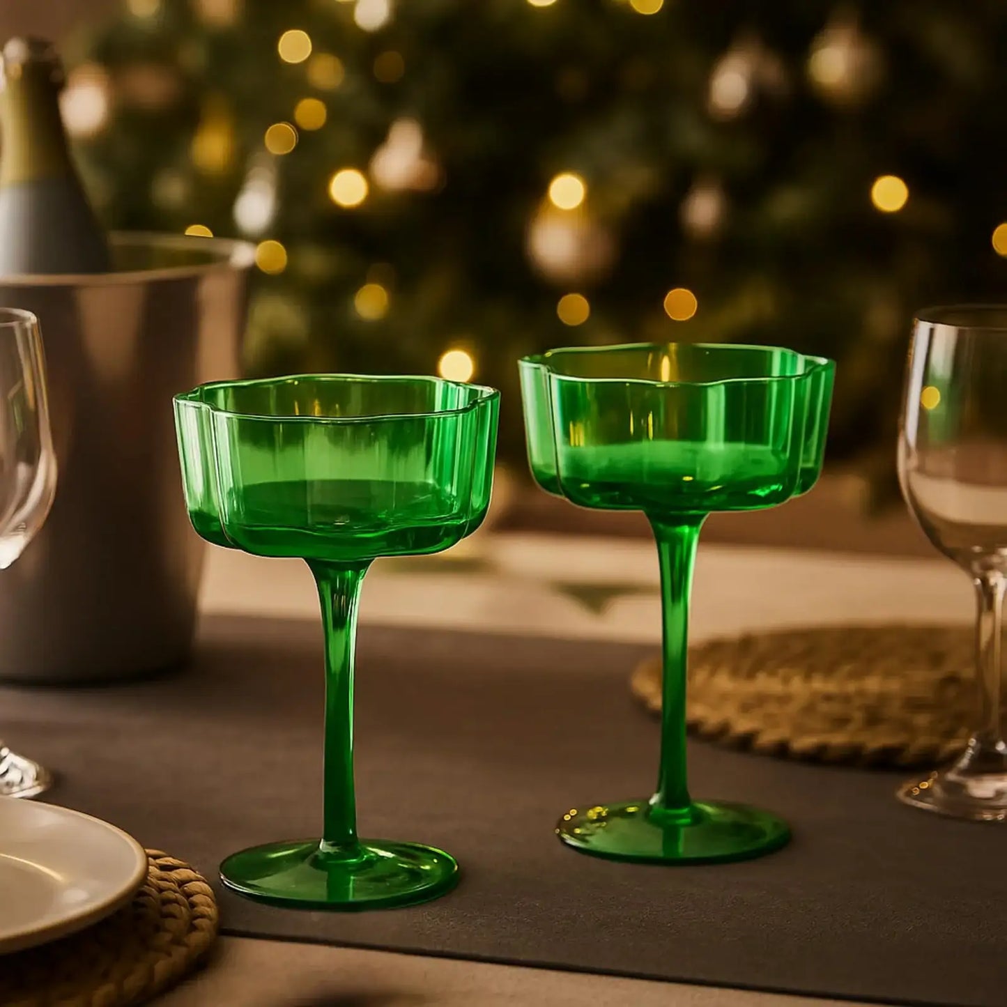 Flower Wave Coupe Cocktail Colored Glasses | Set of 2 | Jade