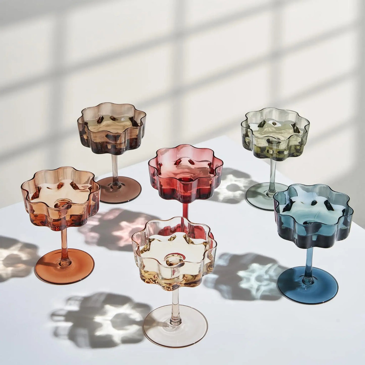 Flower Wave Coupe Cocktail Colored Glasses | Set of 6 | Muted Colors