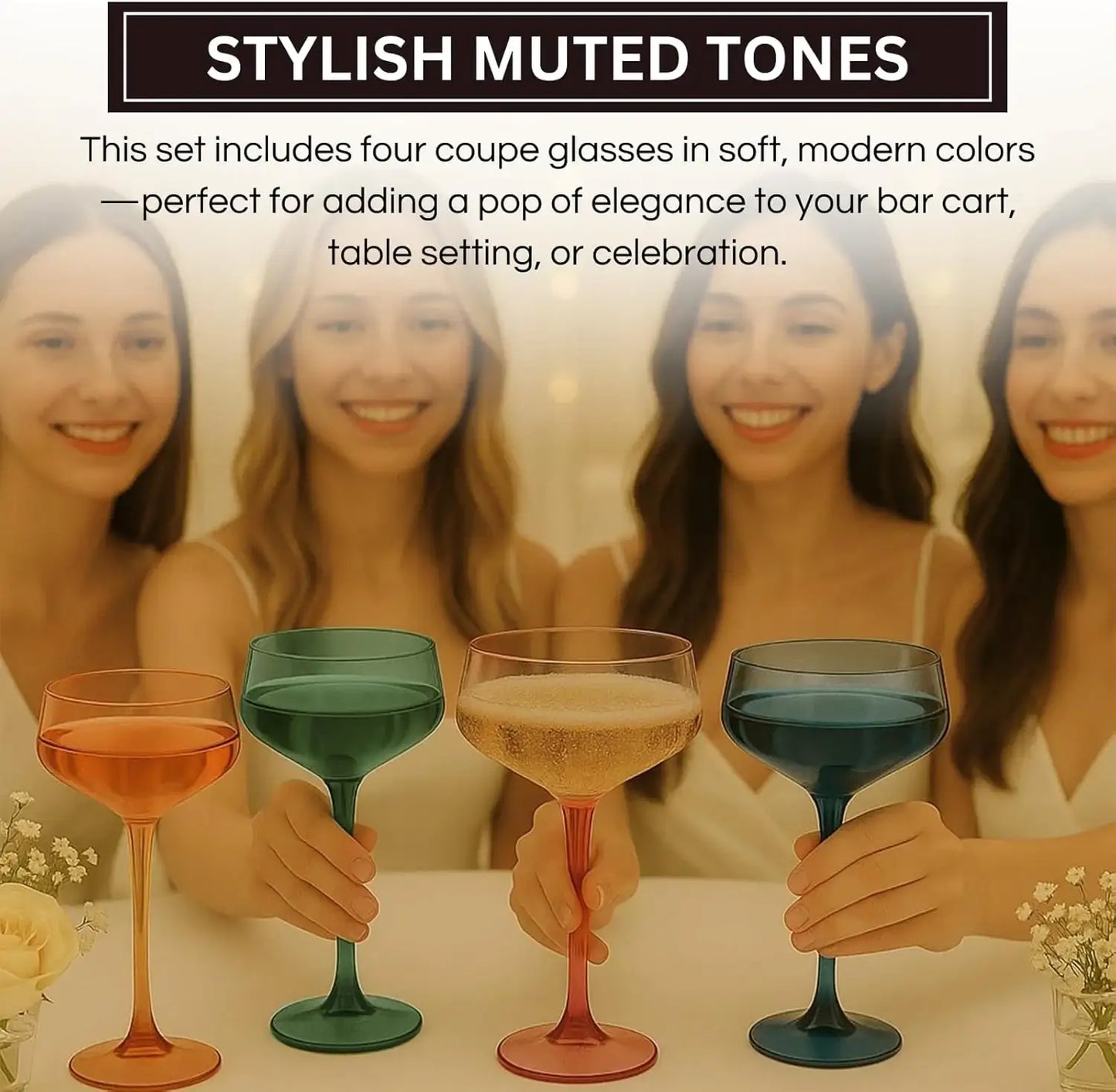 Khen Colored Acrylic Coupe Glasses – Set of 4 Stemmed 8 oz