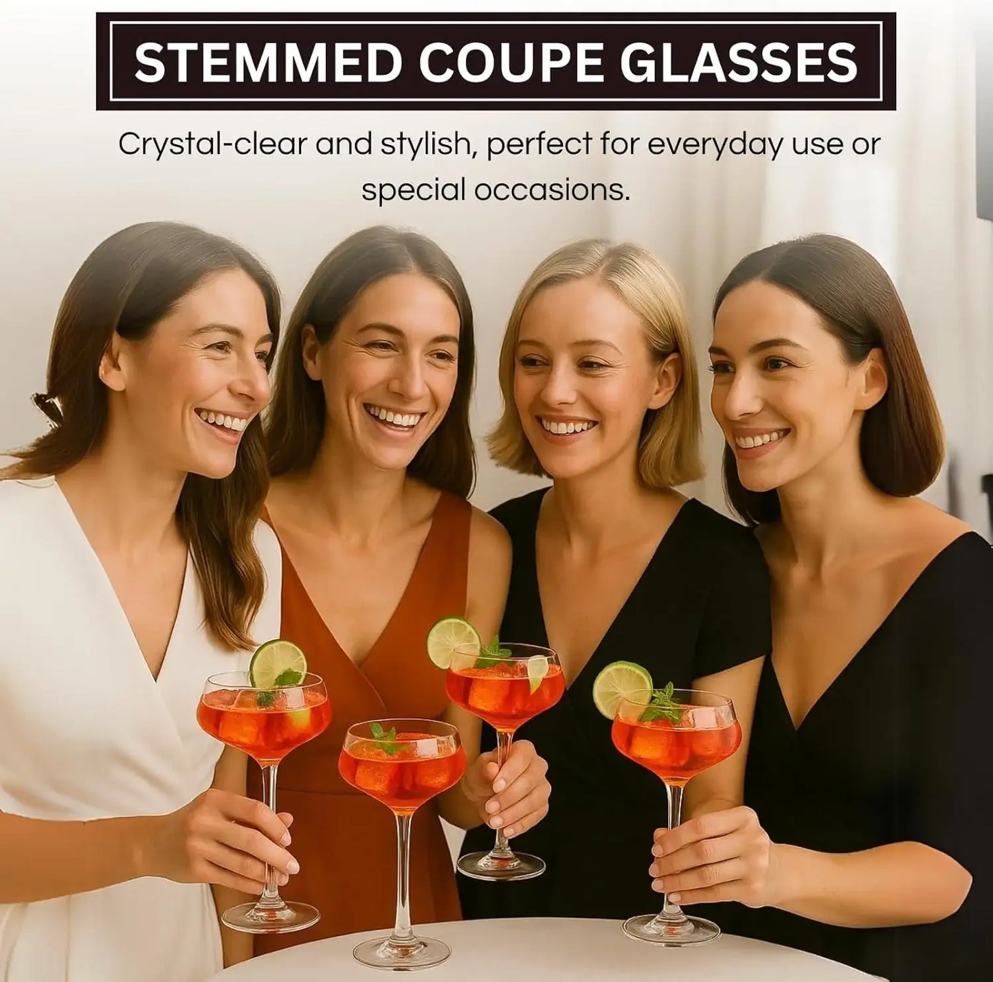 Khen Acrylic Coupe Glasses – Set of 4 Stemmed 8 oz Clear Cocktail Glasses
