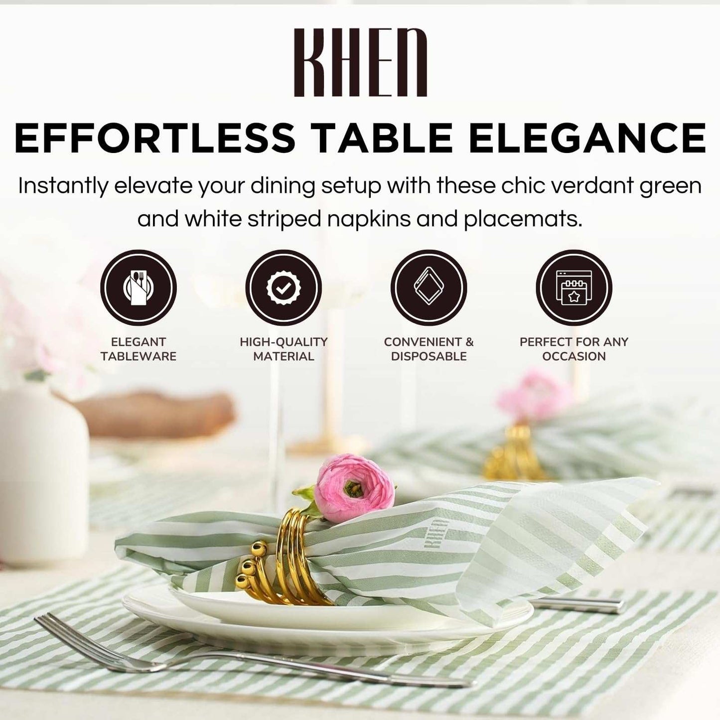 Tonal Striped Disposable Napkin Set in Green, 50 Pieces