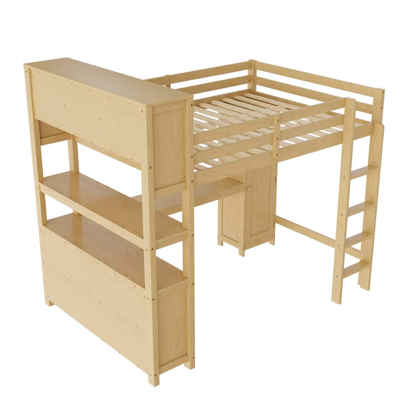 Wood Loft Bed with Cabinet and Bookshelf, Queen Size Loft with Wardrobe and Desk for Kids,Natural