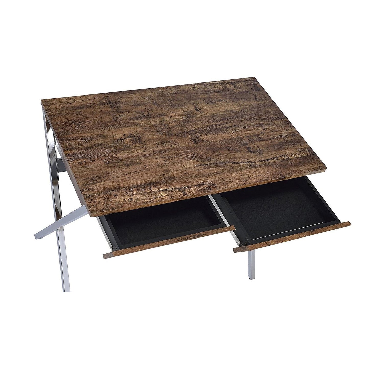 Rectangular Writing Desk with 2 Drawers, Weathered Oak and Chrome
