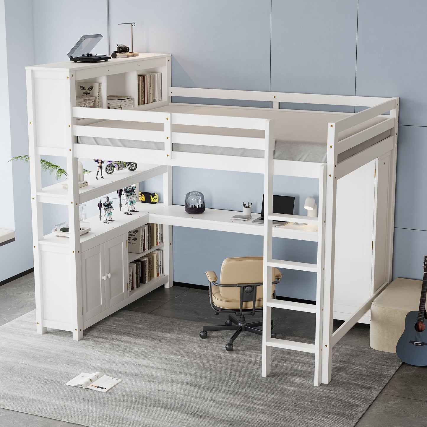 Wood Loft Bed with Cabinet and Bookshelf, Queen Size Loft with Wardrobe and Desk for Kids,White