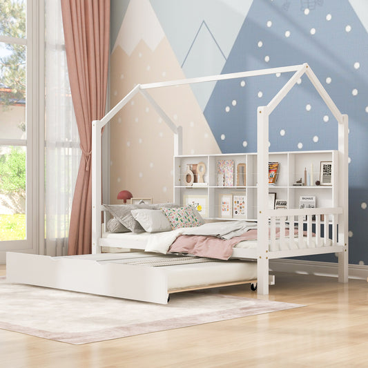 Wooden Twin Size House Bed with Trundle,Kids Bed with Shelf, White (Old SKU: WF297071AAK)