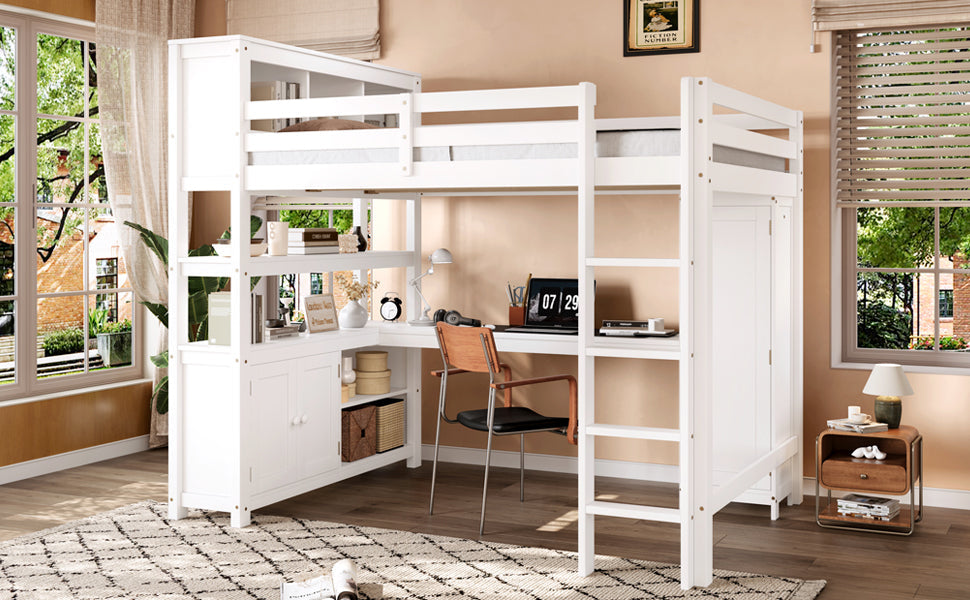 Wood Loft Bed with Cabinet and Bookshelf, Queen Size Loft with Wardrobe and Desk for Kids,White