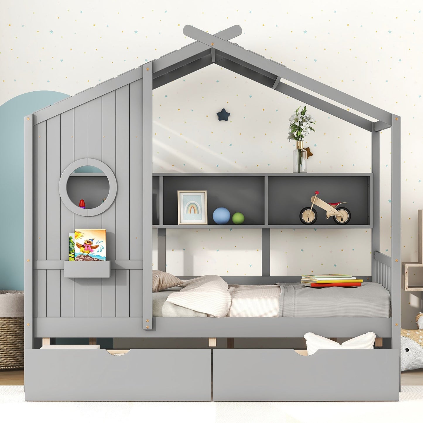 Wooden Full Size House Bed with 2 Drawers,Kids Bed with Storage Shelf, Gray(Old SKU: HL000052AAE)